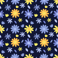 Fototapeta na wymiar Seamless pattern with simple doodle yellow and violet meadow flowers isolated on dark purple background.