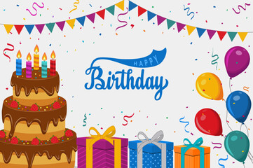 Happy birthday card with balloons, cake and confetti