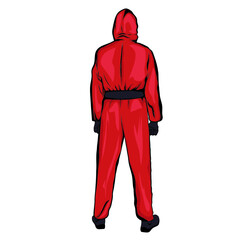 Man dressed in red clothes, back position. 