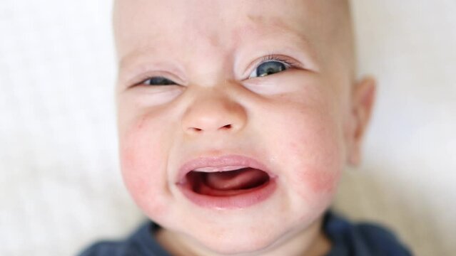 caucasian baby infant face with big blue eyes, child looking to camera and and starting to cry, screaming and shouting, opening mouth, moving tongue, beautiful sad toddler kid upset and unhappy