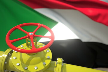Gas or oil pipe valve and flag of Sudan. Conceptual 3d rendering