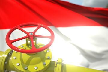 Gas or oil pipe valve and flag of Indonesia. Conceptual 3d rendering
