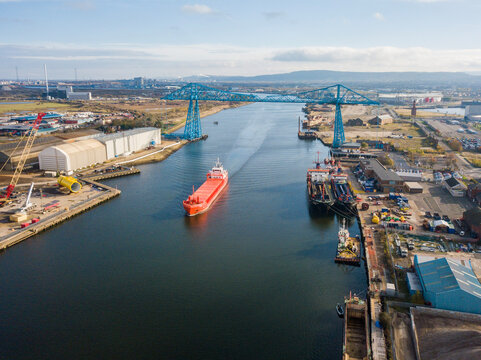 view of the port of Teesside with the transporter bridge and ship