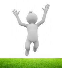 3D illustration of white character jumping to the sky to celebrate success
