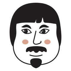 Doodle face.People icon.Asian man with beard and mustache.Vector illustration hand-drawn style. Isolated on white background.