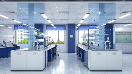 Naklejka na ściany i meble Spacious and bright laboratory interior. 3d illustration