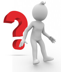 3D illustration of white character standing surprised in front of a question mark