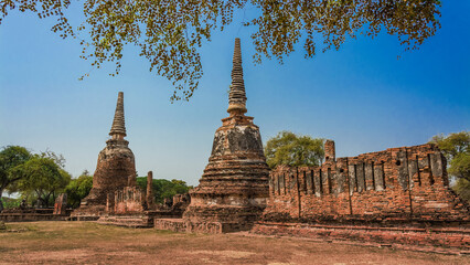THAILAND Ruins and Antiques at the Ayutthaya Historical Park Tourists from around the world Buddha decay - obrazy, fototapety, plakaty