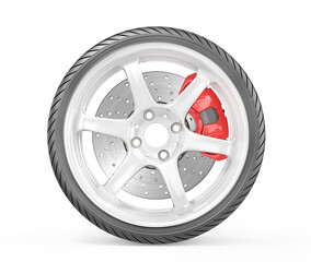 Car wheel with brake isolated on a white background. 3d illustration