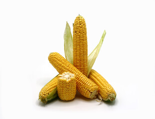 Several ears of corn with leaves on a light background. Natural product. Natural structure. Natural color. Close-up.