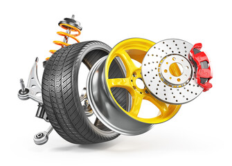 Wheel structure. Car wheel with brake isolated on a white background. 3d illustration - obrazy, fototapety, plakaty