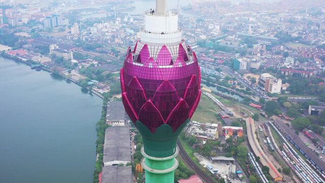 Aerial view of Lotus Tower in Colombo downtown, Sri Lanka.