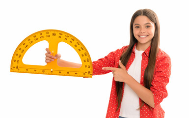 happy teen girl pointing finger on protractor study math at school isolated on white, education