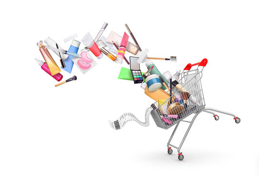 cosmetical tools and make up falling from shopping trolley with receipt isolated