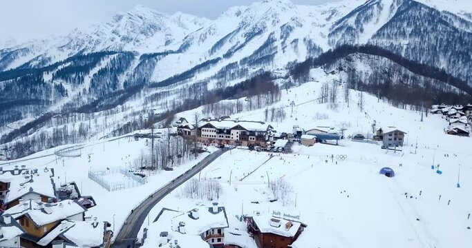 23 February 2022 Olympic village, Adler, Rosa Khutor, Sochi ski and snowboarding resort In Russian mountains, Caucassian peaks