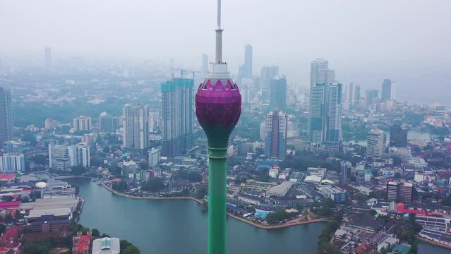 Aerial view of Lotus Tower in Colombo downtown, Sri Lanka.