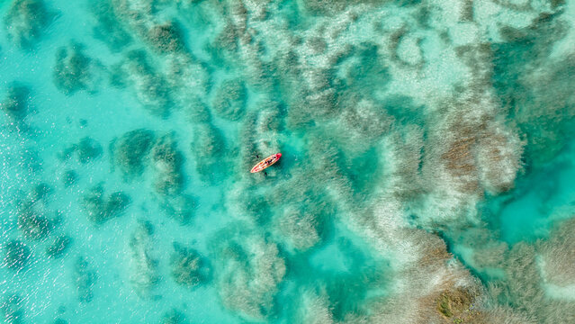 People Riding Kayak in Los Rapidos Lagoon in Bacalar, Mexico. Aerial View
