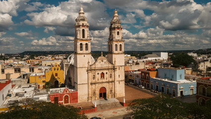 Fototapeta na wymiar San Francisco de Campeche Cathedral by Independence Plaza in Campeche, Mexico. Aerial View