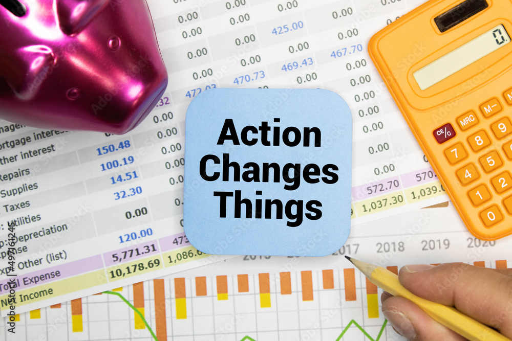 Aufkleber action changes things act text on a magnifying glass and on an open notepad