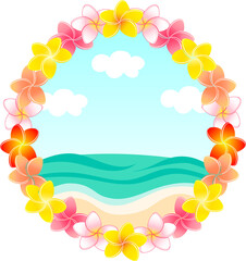Fototapeta na wymiar プルメリアの花飾りと、南国のビーチのリゾート感のあるイラスト