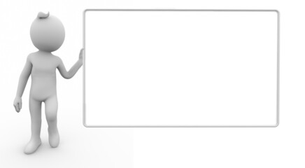 3D Illustration of white character with a billboard, presentation or information