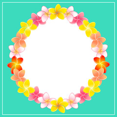 円形のプルメリアの花飾りとマリンブルーのスクエア背景のイラスト