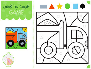 Color by geometric shape, educational game for kids, cartoon style truck