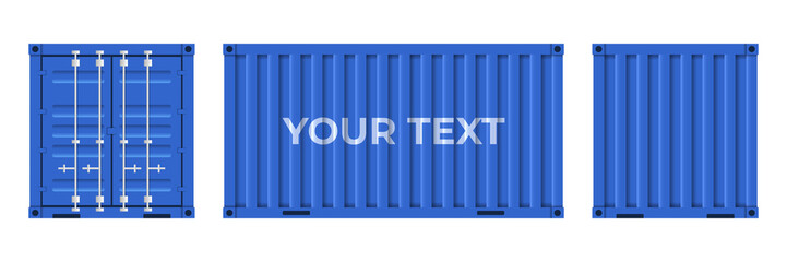 Cargo container vector mockup isolated on white background. Shipping container with side, front, back view.