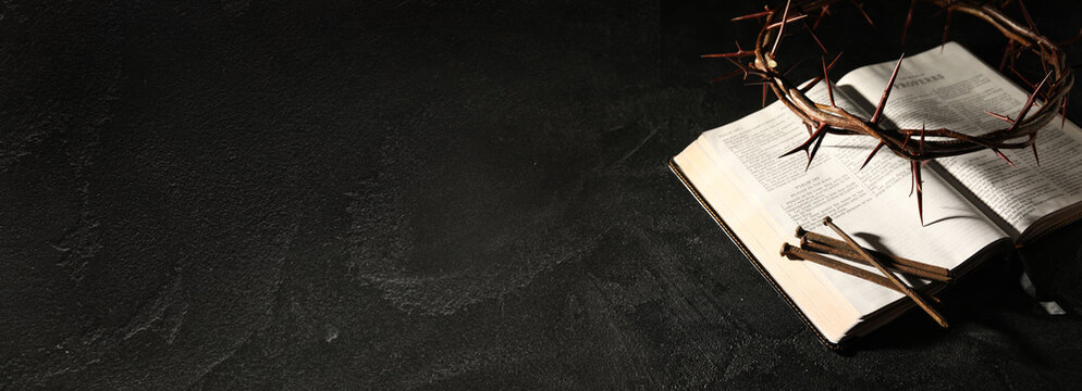 Crown of thorns, Holy Bible and nails on dark background with space for text