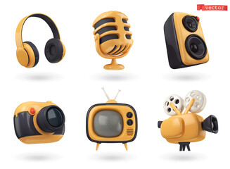 3d icon set audio and video. Headphones, microphone, speaker, camera, retro TV, film projector - 497163618