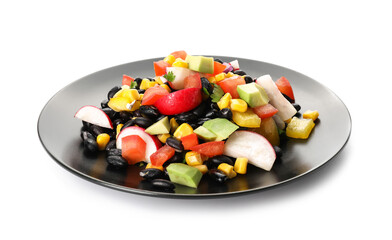 Plate of delicious Mexican vegetable salad with black beans and radish on white background