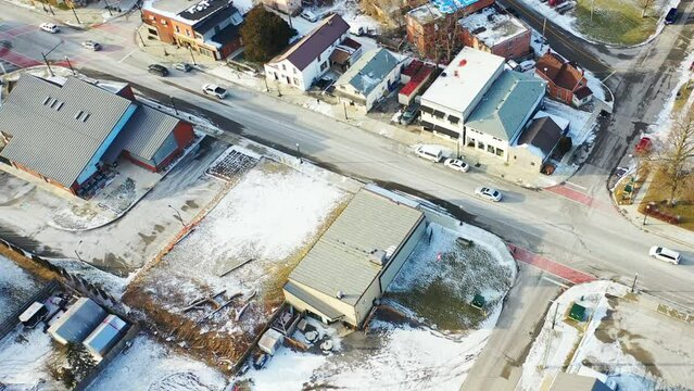 Aerial winter view of Cayuga, Ontario, Canada city center 4K