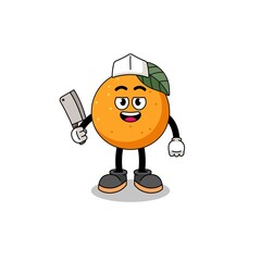 Mascot of orange fruit as a butcher