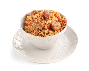 Bowl with tasty Asian pilaf on white background