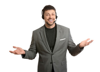 Smiling consultant of call center in suit with headset on white background