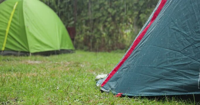 Rain falling on tents