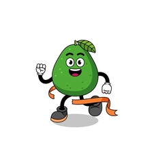 Mascot cartoon of avocado fruit running on finish line