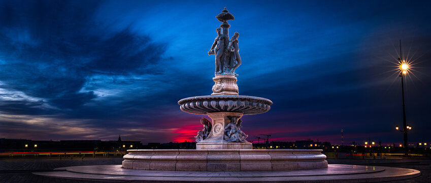 Close-up view of the fountain of the three graces in Bordeaux, France