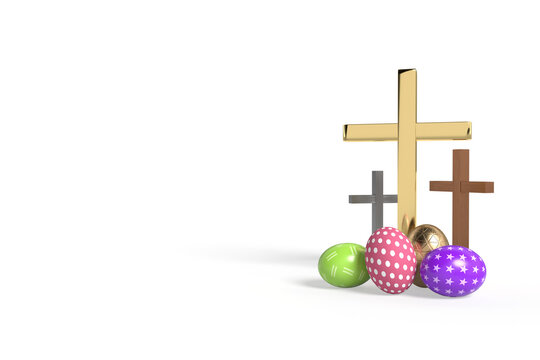 3D Easter eggs and Golden Cross with Copy space. Easter poster. Biblical faith, gospel, salvation concept.