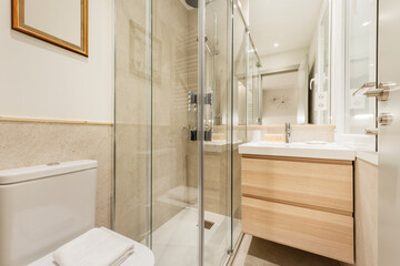 WC with walk-in shower with hanging wooden vanity unit and white porcelain sink and frameless mirror
