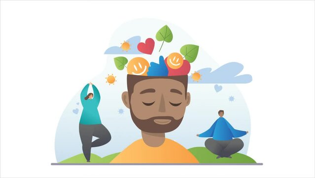 Positive thinking and Mental health video concept. Young moving man with hearts, smiling emojis and green leaves in his head. Meditation, psychological stability. Gradient graphic animated cartoon