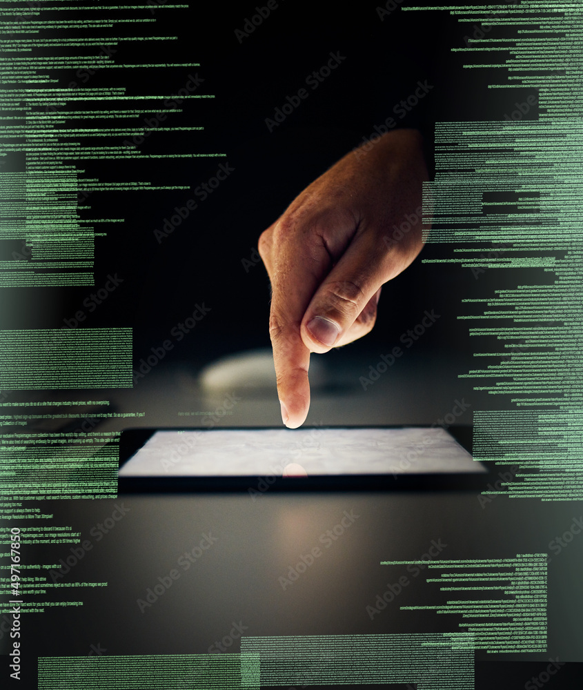Poster cracking codes on a different device. cropped shot of an unrecognizable man cracking a code using a 