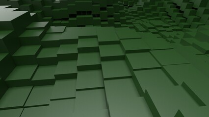 Abstract background with waves made of a lot of dark green cubes geometry primitive forms that goes up and down under black-white lighting. 3D illustration. 3D CG. High resolution.