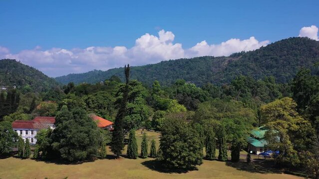 Aerial view of a public park in Peradeniya, a small town along the river, Kendy, Sri Lanka