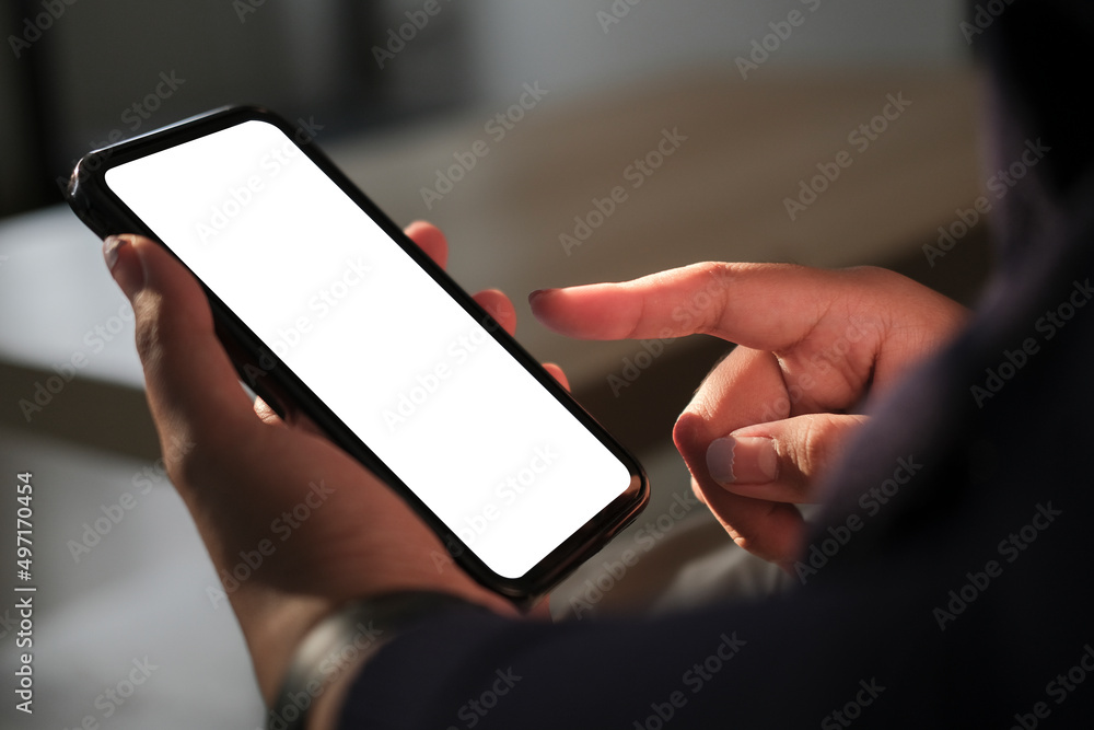 Aufkleber close up view woman holding smart phone with empty screen for your text message or information conte