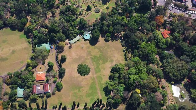 Aerial view of a public park in Peradeniya, a small town along the river, Kendy, Sri Lanka