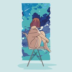 vector illustration of girl sitting and looking at the sky from the window - obrazy, fototapety, plakaty
