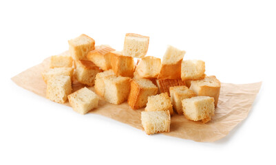 Many crunchy croutons isolated on white
