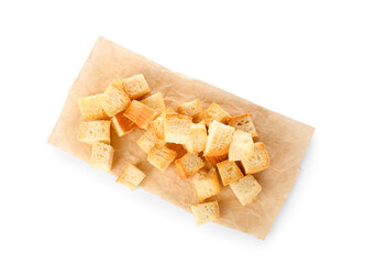 Many crunchy croutons isolated on white