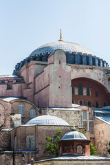 Byzantine architecture of the Hagia Sophia, famous historic landmark in Istanbul, Turkey